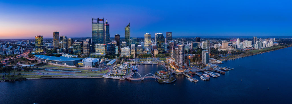 Perth Western Australia November 5th 2019:  Aerial panoramic view of the beautiful city of Perth on the Swan river at dusk