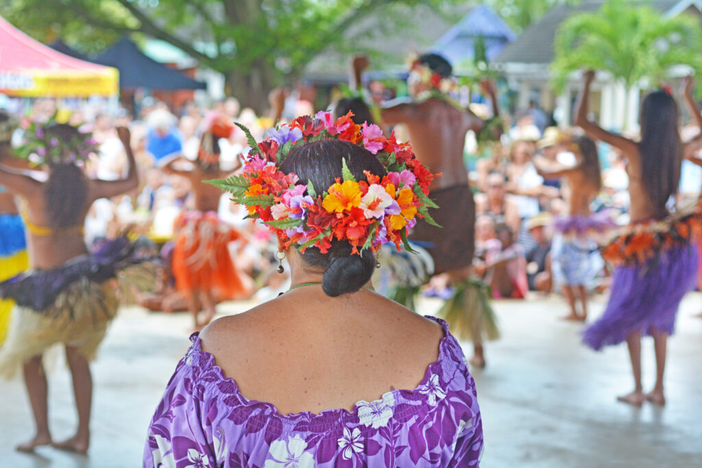 RAROTONGA - JAN 14 2018: Culture show at Punanga Nui Market in Avarua town, Cook Islands. Locals are performing a cultural performance on stage.