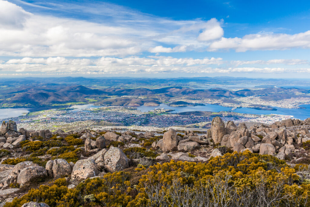 The view of Hobart Australia from a lookout on Mount Wellington